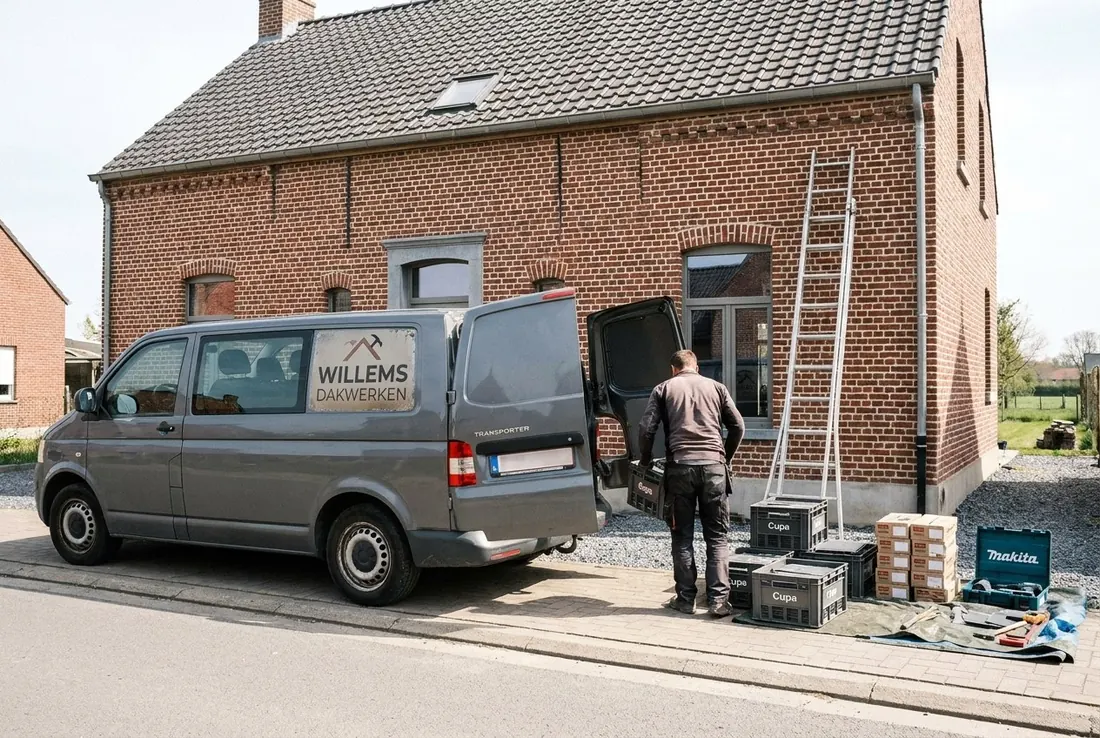 Bestelwagen van Willems Dakwerken voor een bakstenen woning met ladder tegen de gevel