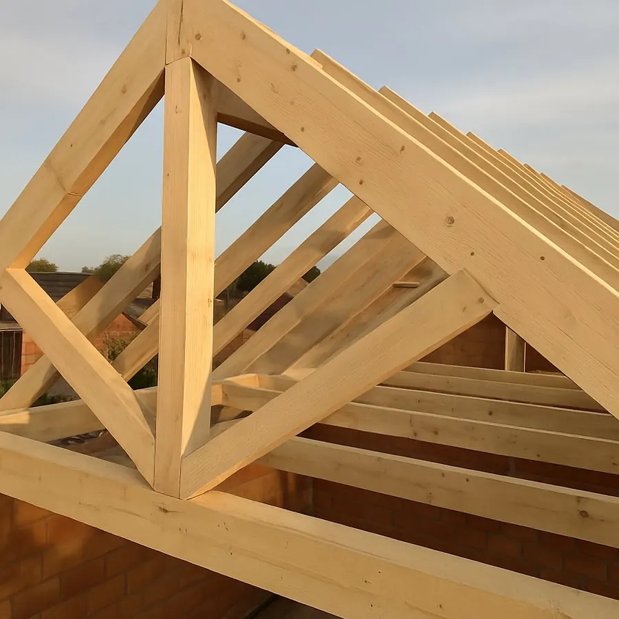 Nieuwe houten spanten van een dakstructuur