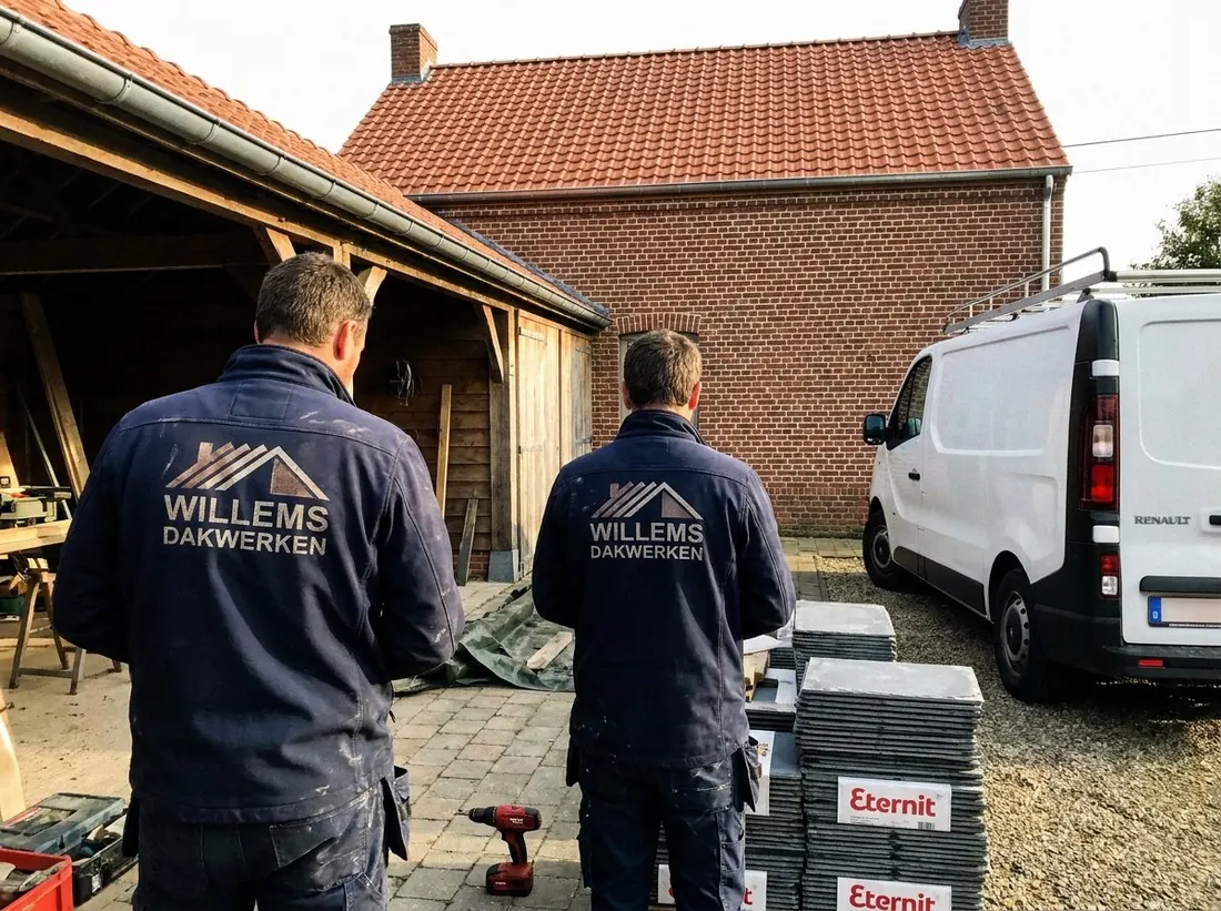 Twee dakwerkers van Willems Dakwerken op de werf, naast de paletten nieuwe leien